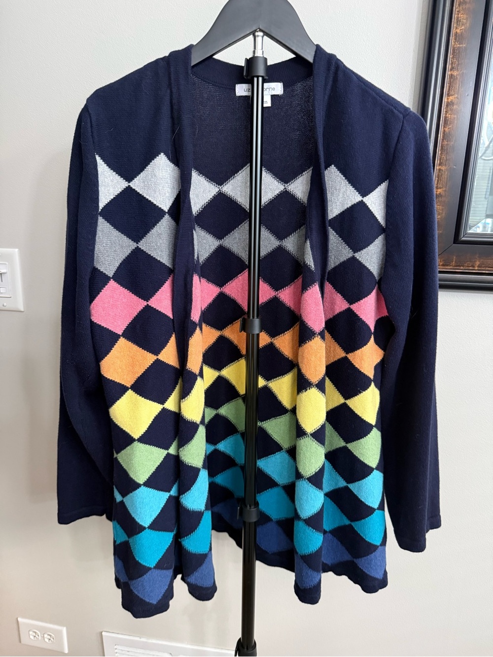 Liz Claiborne Navy Open-Front Cardigan with Rainbow Argyle